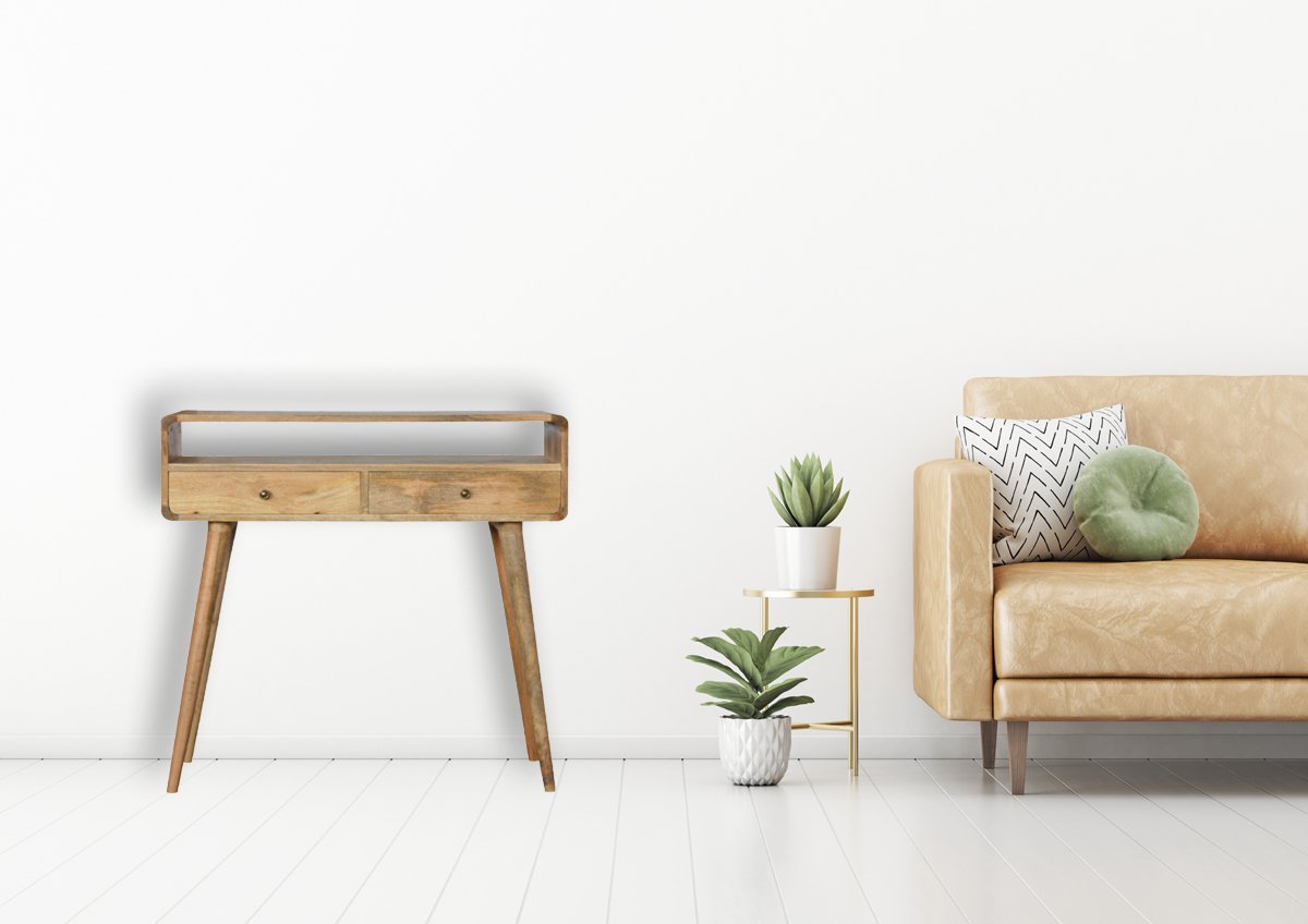 Retro wooden console table with two drawers and tapered legs perfect for entryway styling