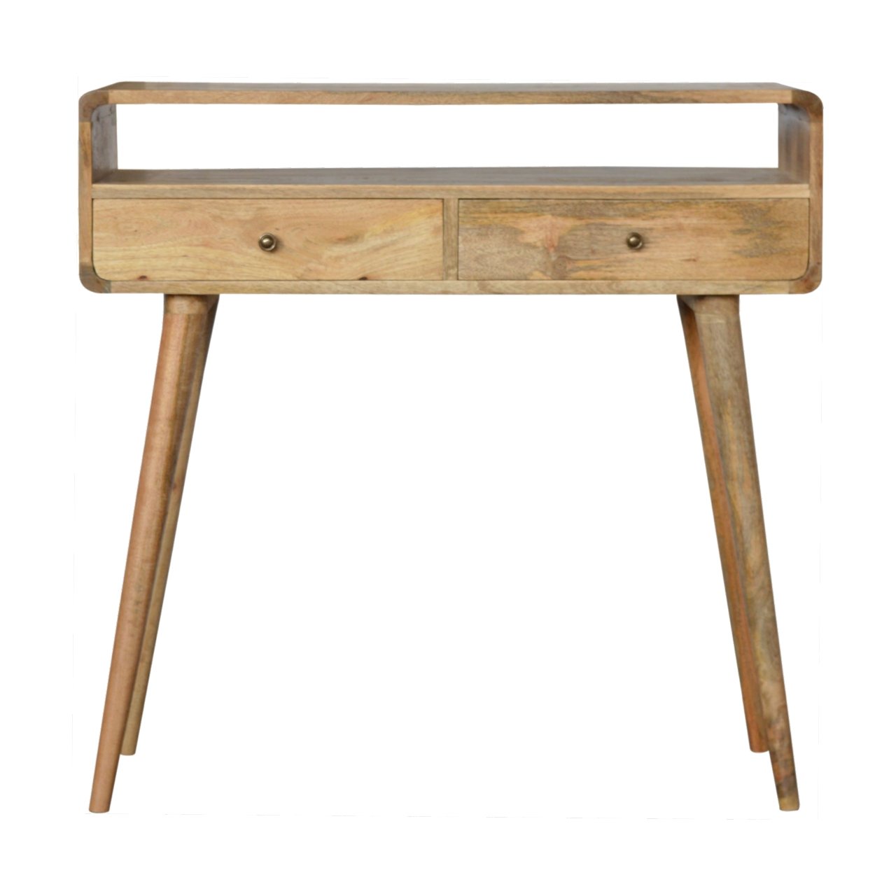 Midcentury modern mango wood console table with two drawers and an open shelf