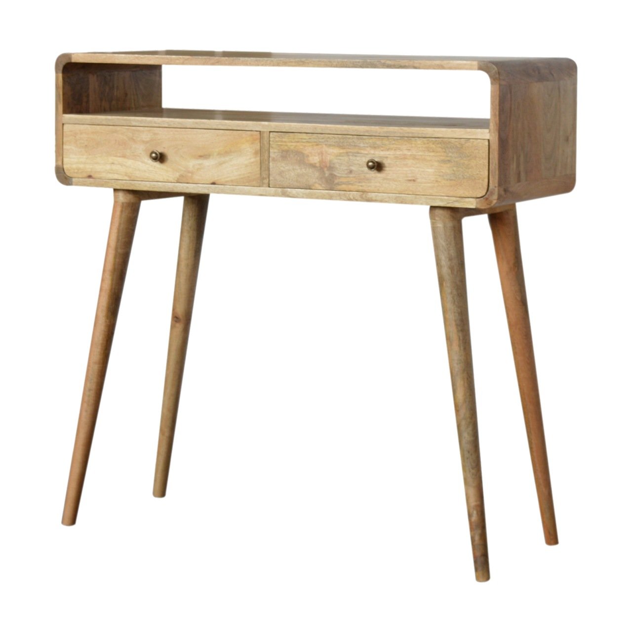 Midcentury modern mango wood console table with two drawers and open shelf