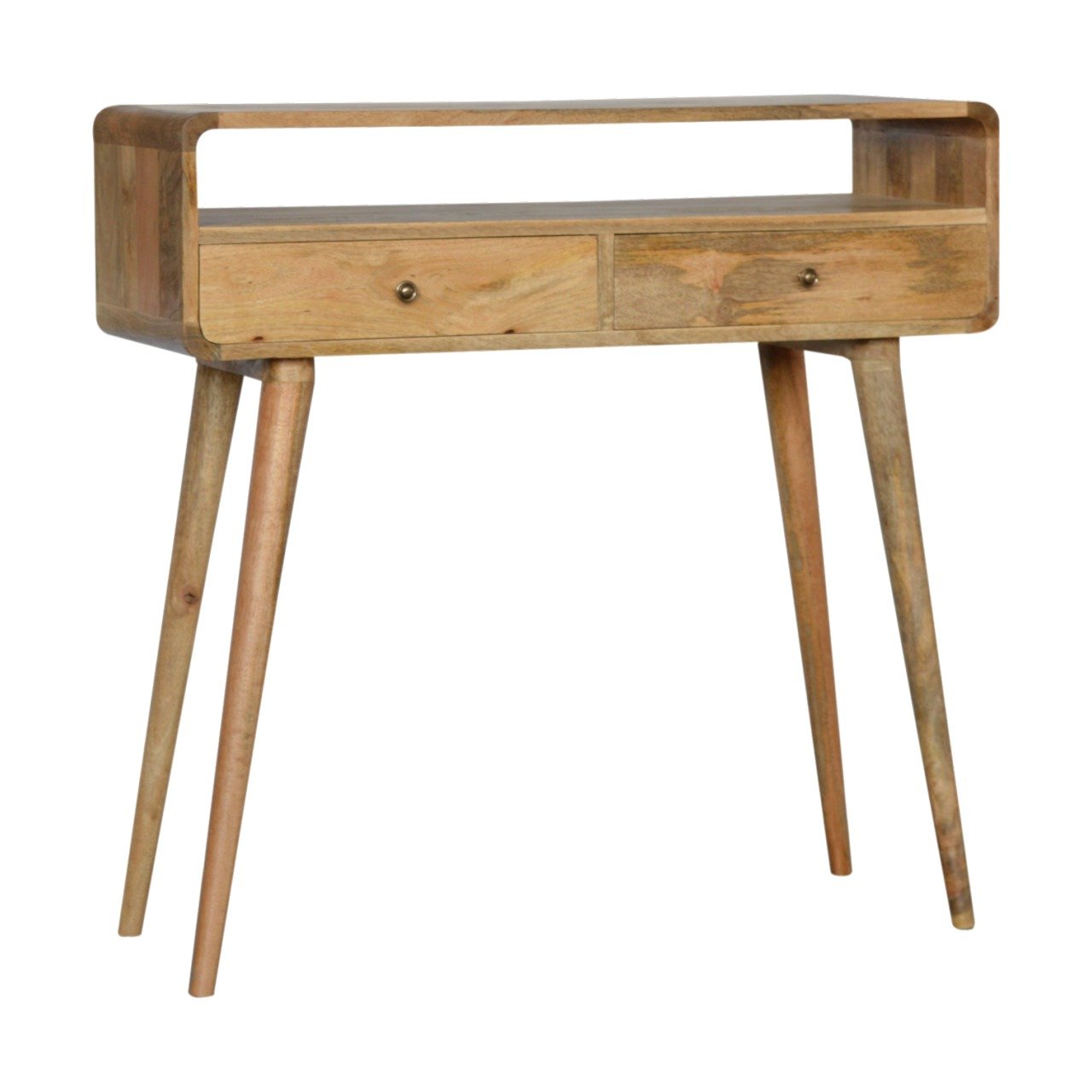 Light wood console table with two drawers and curved top shelf
