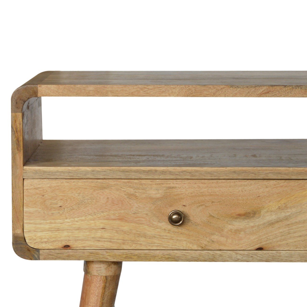 Light wood side table with rounded edges and one drawer perfect for entryways