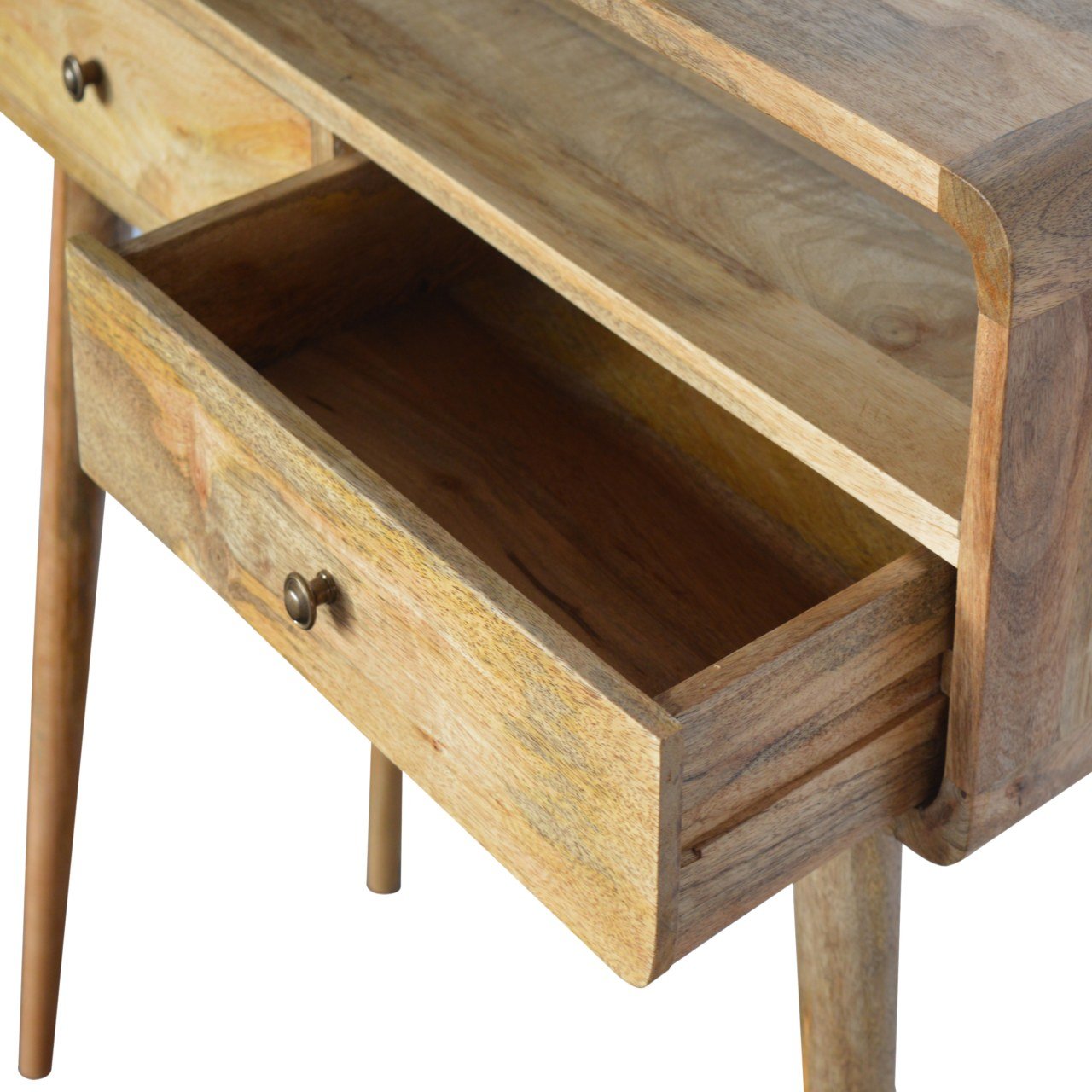 Wooden side table with brass knob one drawer open