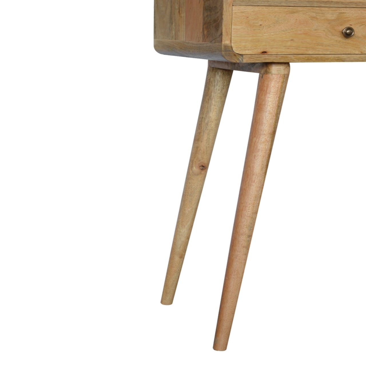 Solid mango wood bedside table with curved drawer and tapered legs