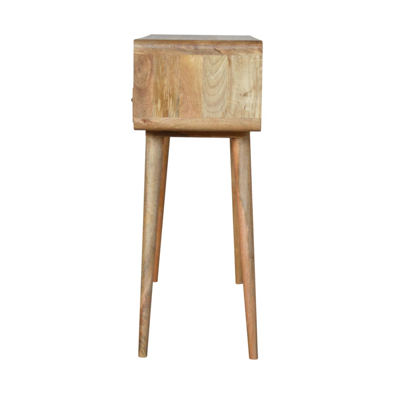 Light wood bedside table with tapered legs midcentury modern design