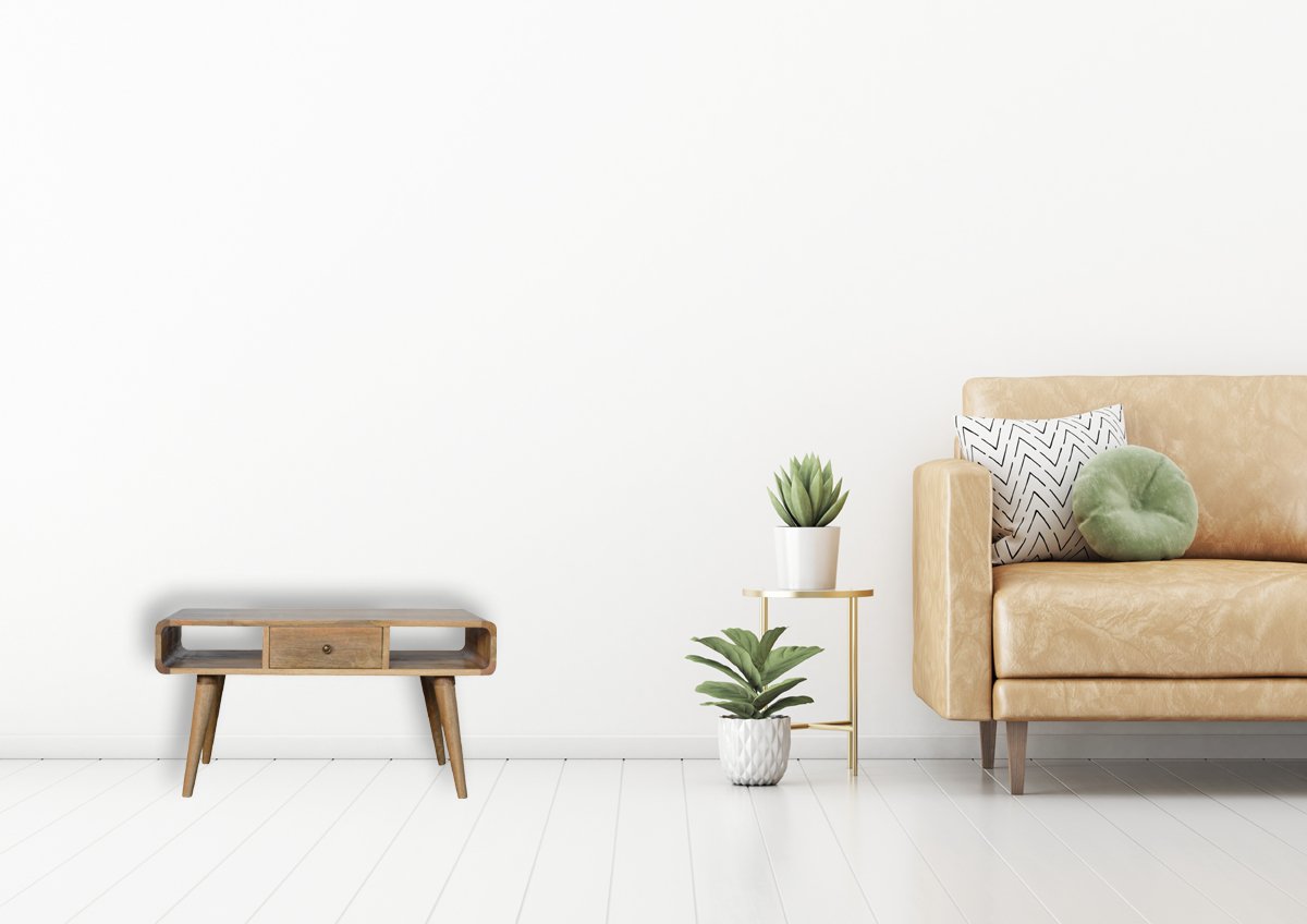 Midcentury modern wood console table with tapered legs and one drawer
