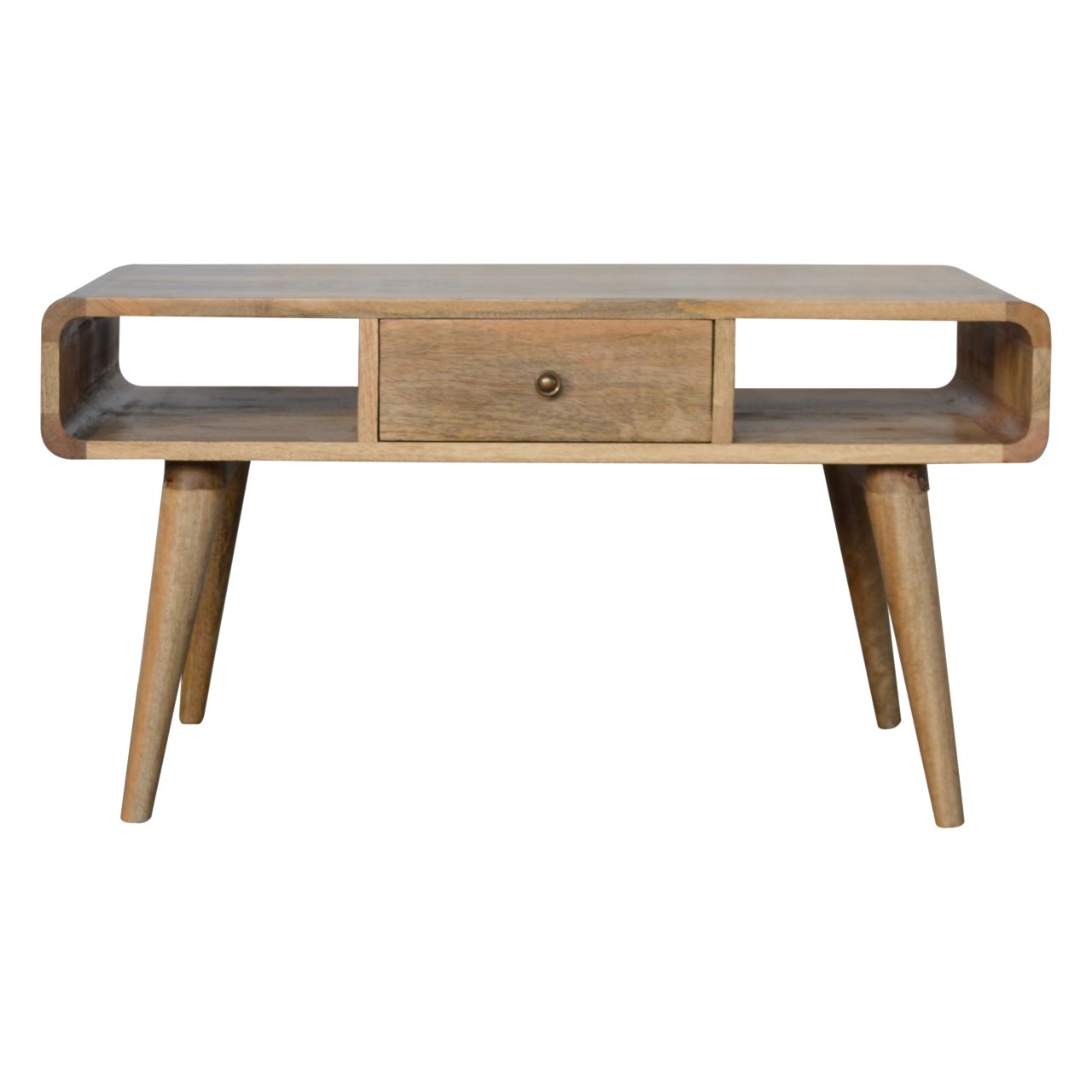 Midcentury modern mango wood coffee table with a single drawer and open shelf