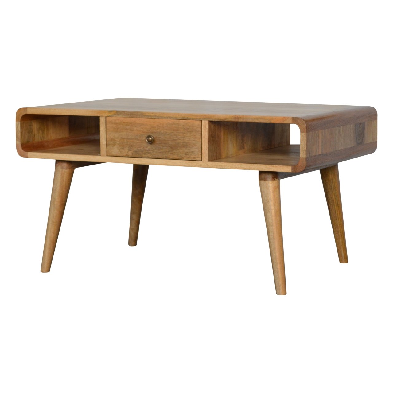 Wooden coffee table with one drawer and two open shelves midcentury modern style