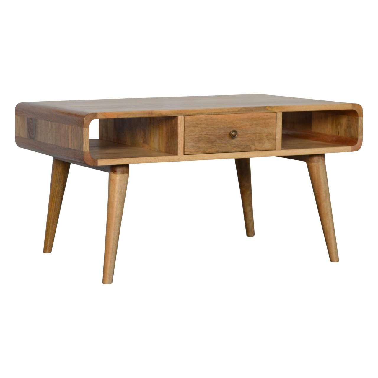Midcentury modern wooden coffee table with single drawer and open shelves