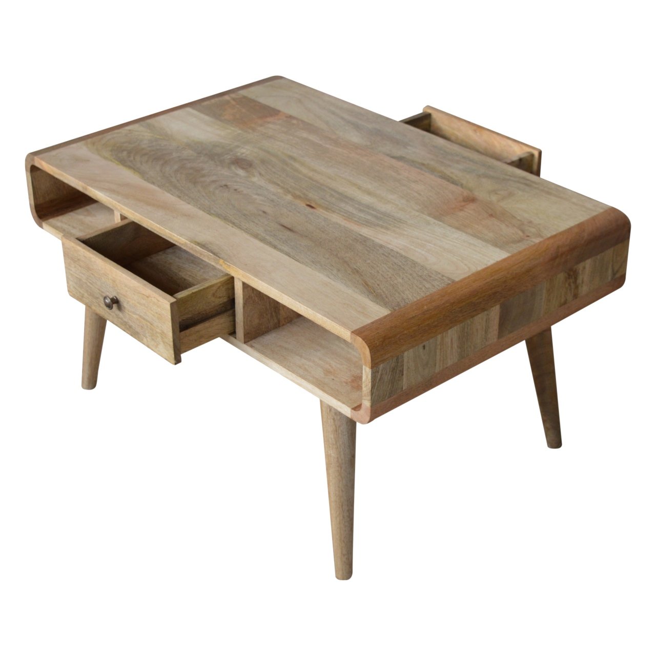 Solid mango wood coffee table with open shelves and one drawer midcentury modern design