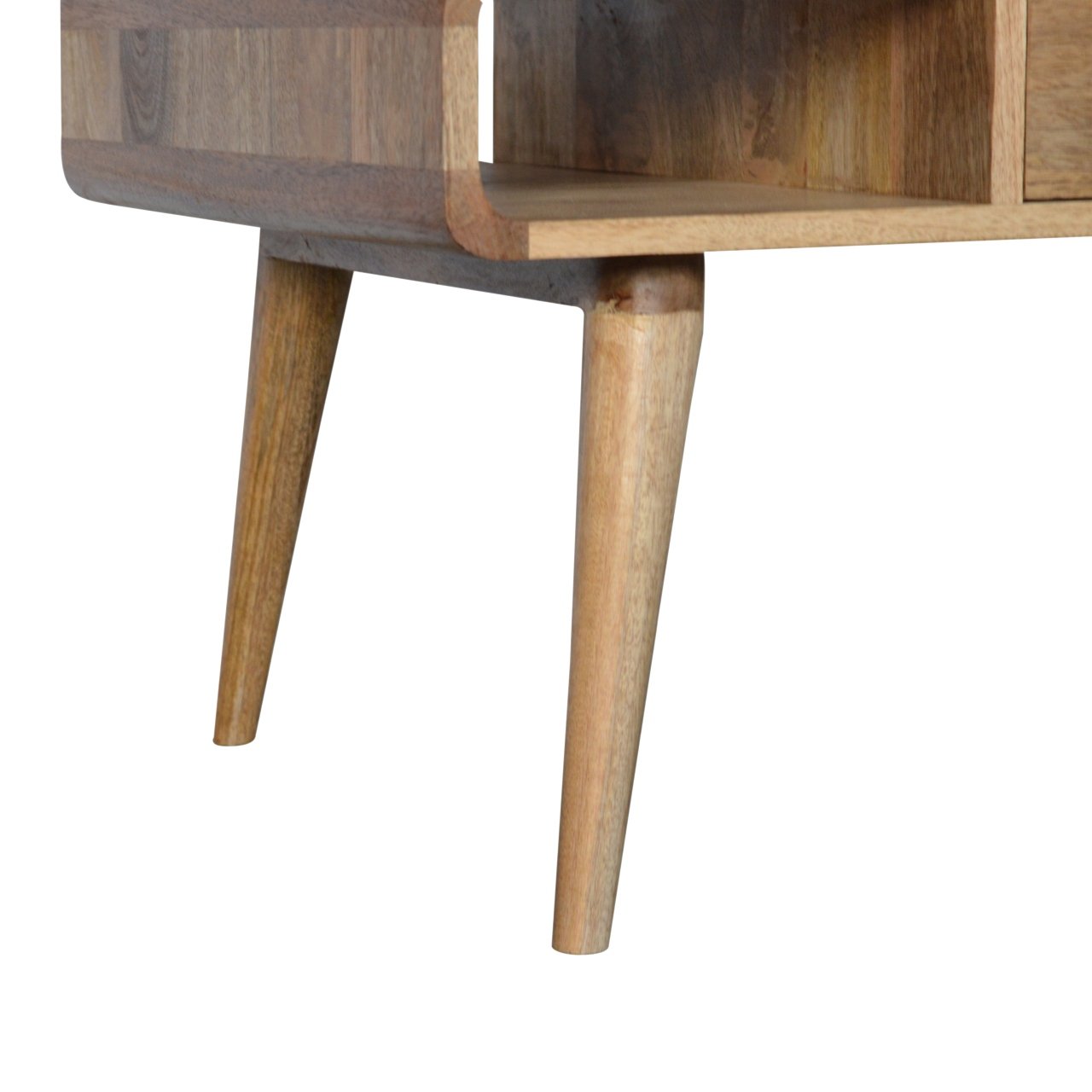 Wooden bedside table with tapered legs and carved details