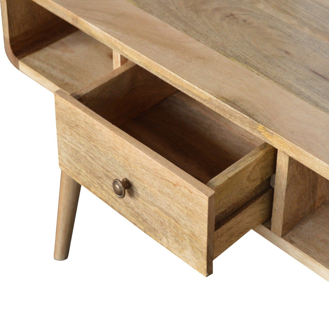 Natural wood side table with one open drawer and brass knob
