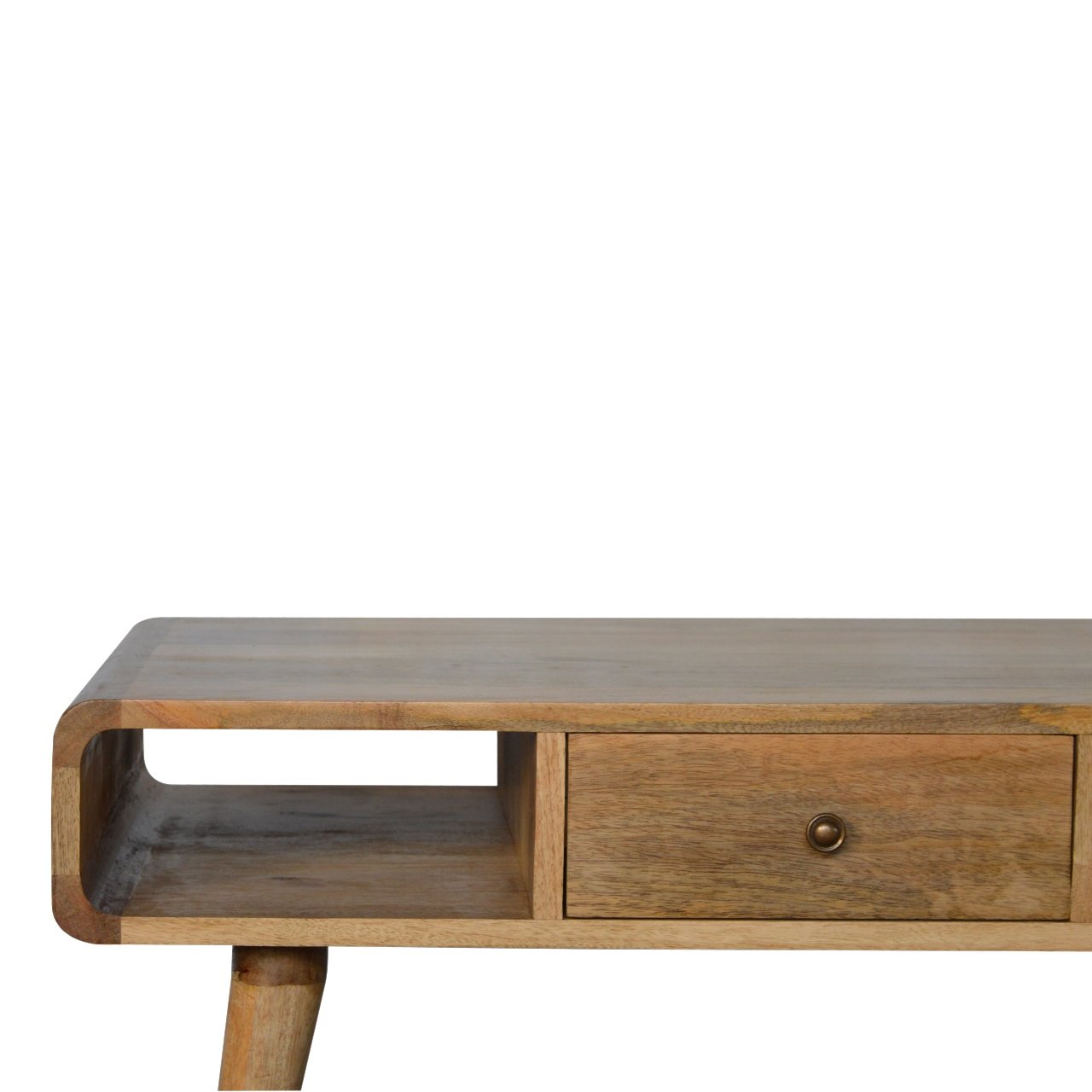Wooden coffee table with rounded edges open shelf and single drawer