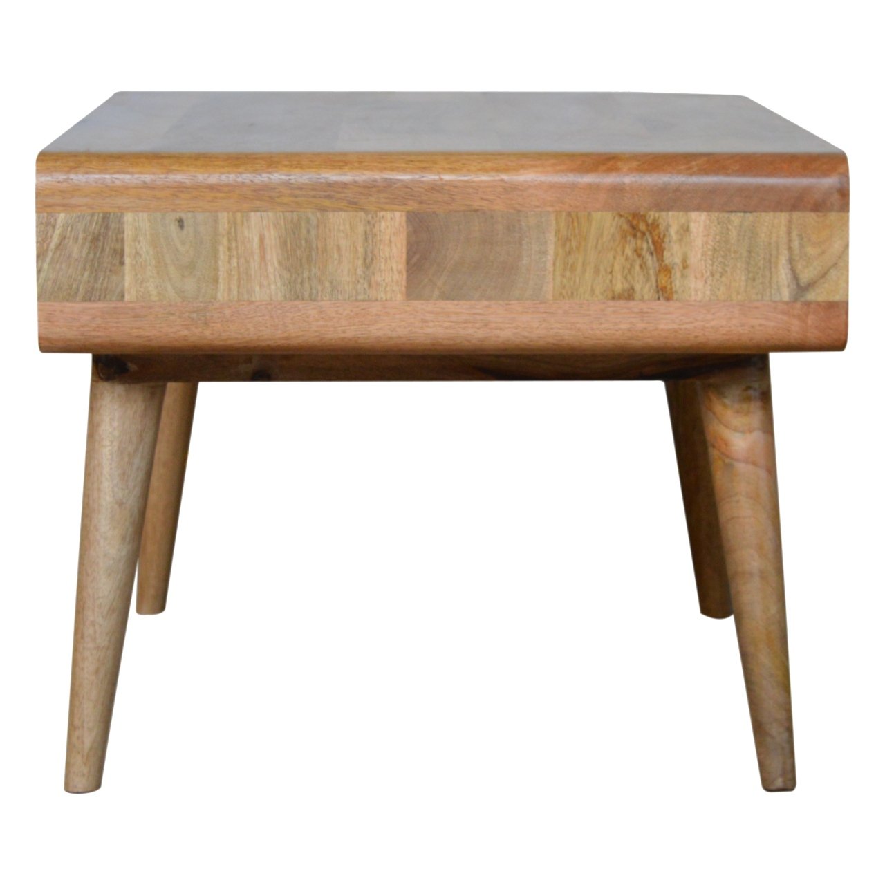 Wooden bedside table with angled legs and a mosaic front panel Perfect for modern bedrooms