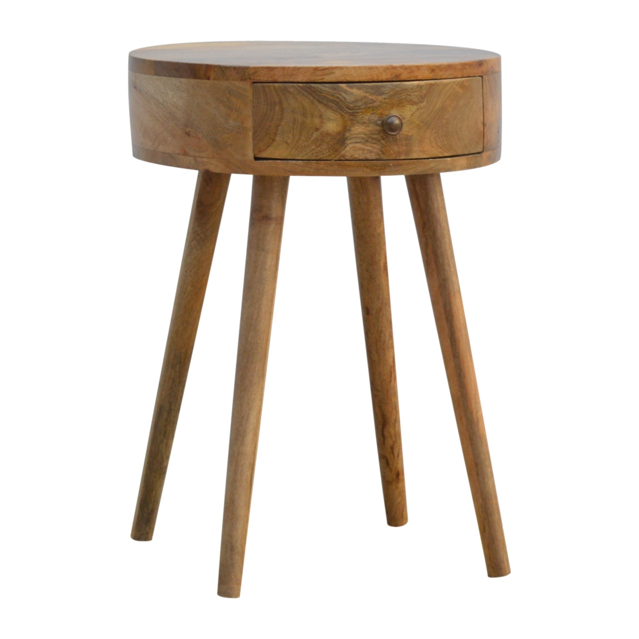 Round wooden bedside table with a single drawer and tapered legs