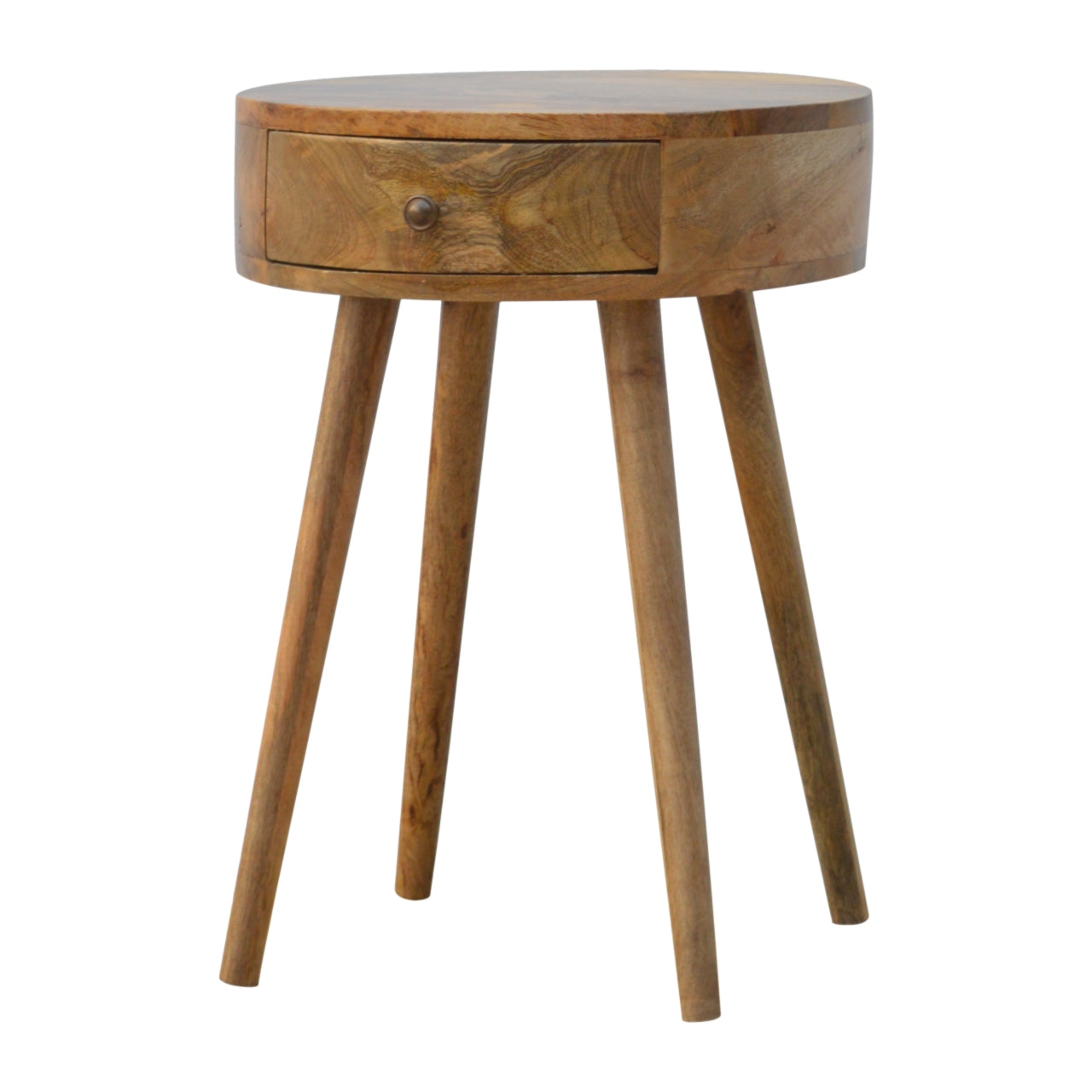 Round wooden bedside table with single drawer and tapered legs natural finish