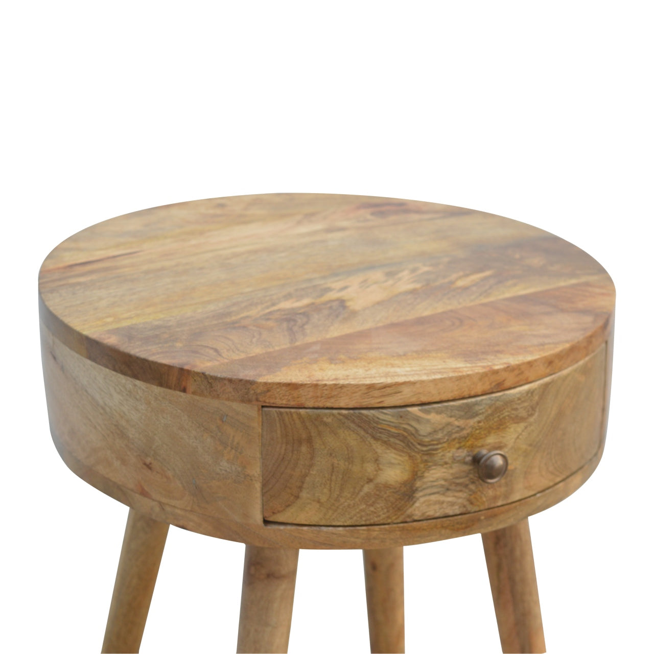 Natural wood round end table with drawer and tapered legs