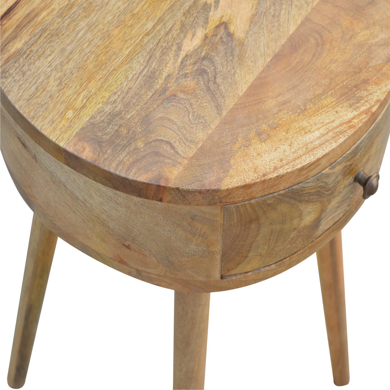 Round wooden accent table with natural wood grain and a single drawer