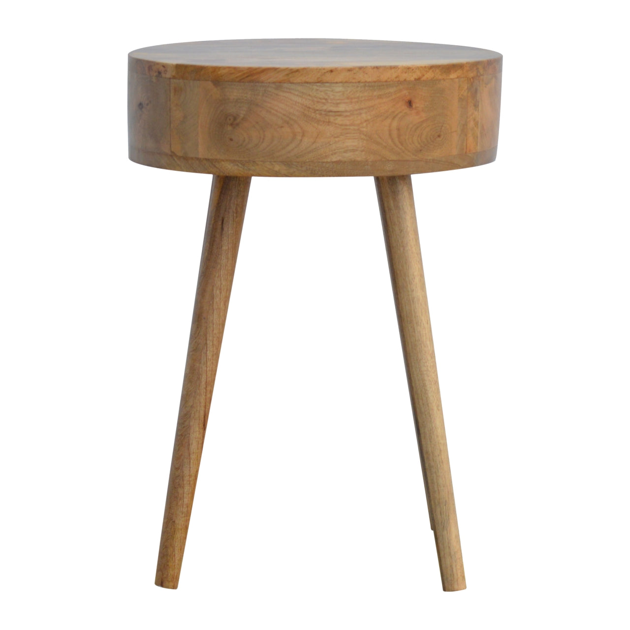 Wooden side table with a round top and three tapered legs natural finish