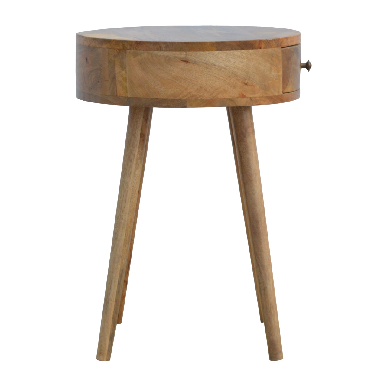 Round wooden bedside table with a single drawer and tapered legs