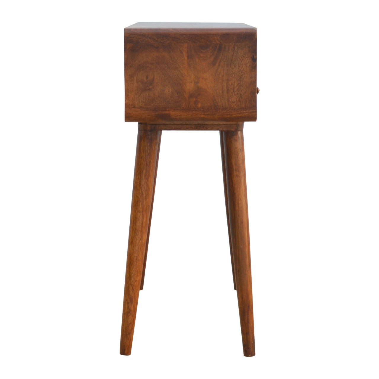 Rich brown wood bedside table with tapered legs side view