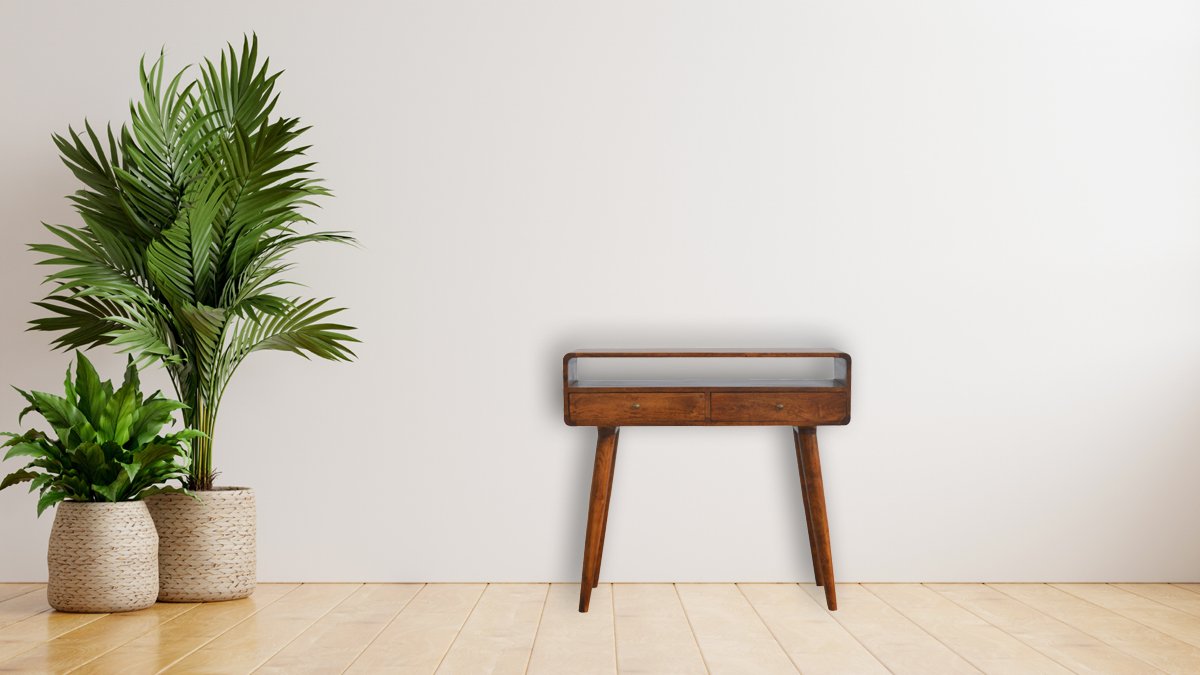 Midcentury modern wooden console table with two drawers and tapered legs