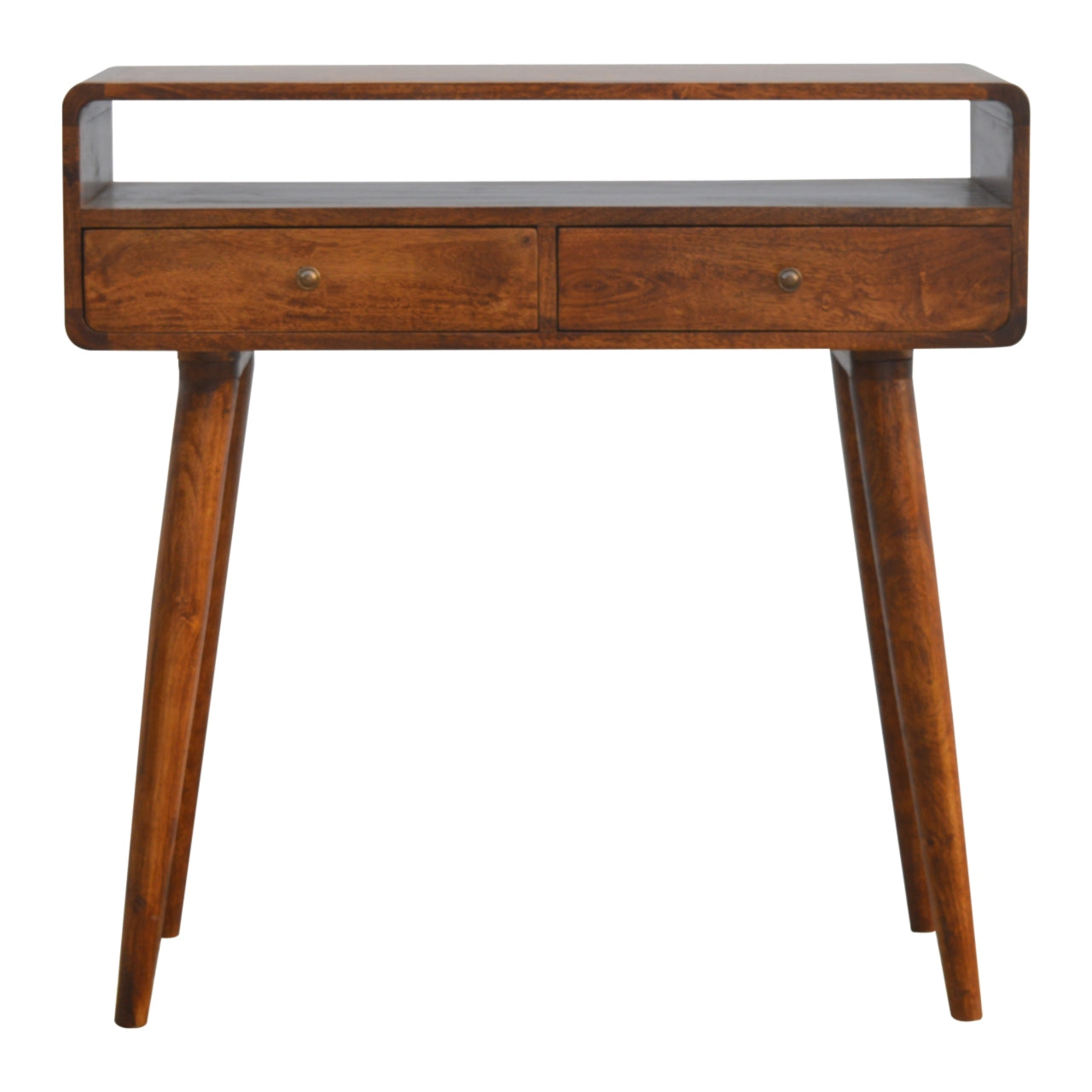 Solid wood console table with two drawers and tapered legs