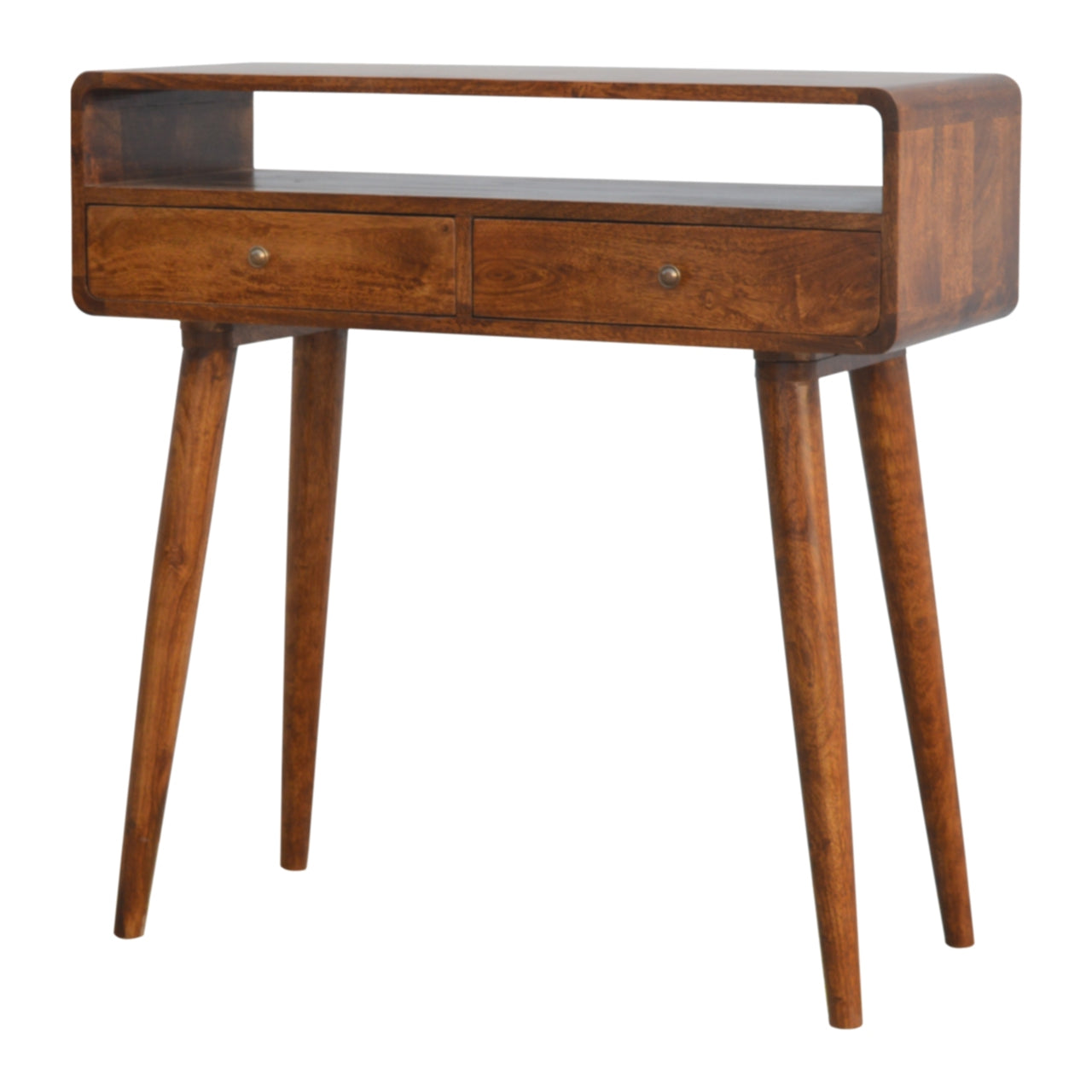 Solid wood console table with two drawers and open shelf