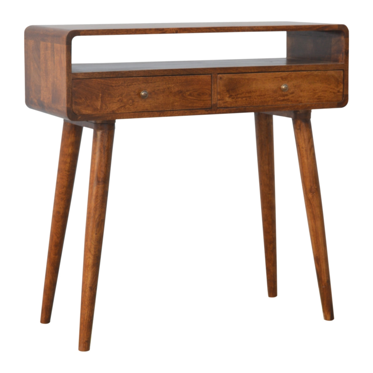 Midcentury modern mango wood console table with two drawers and an open shelf