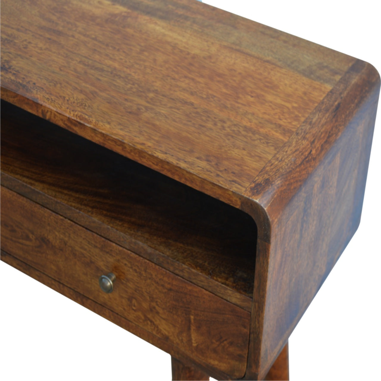 Solid mango wood bedside table with one drawer and open shelf