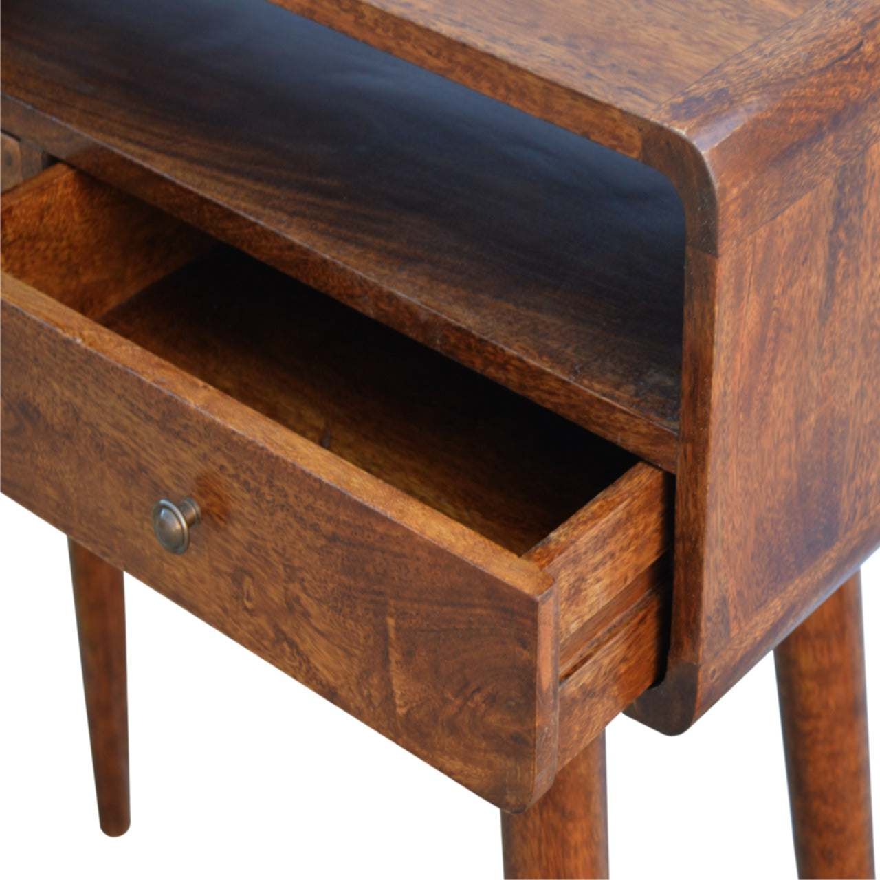 Dark wood bedside table with one open drawer and modern tapered legs