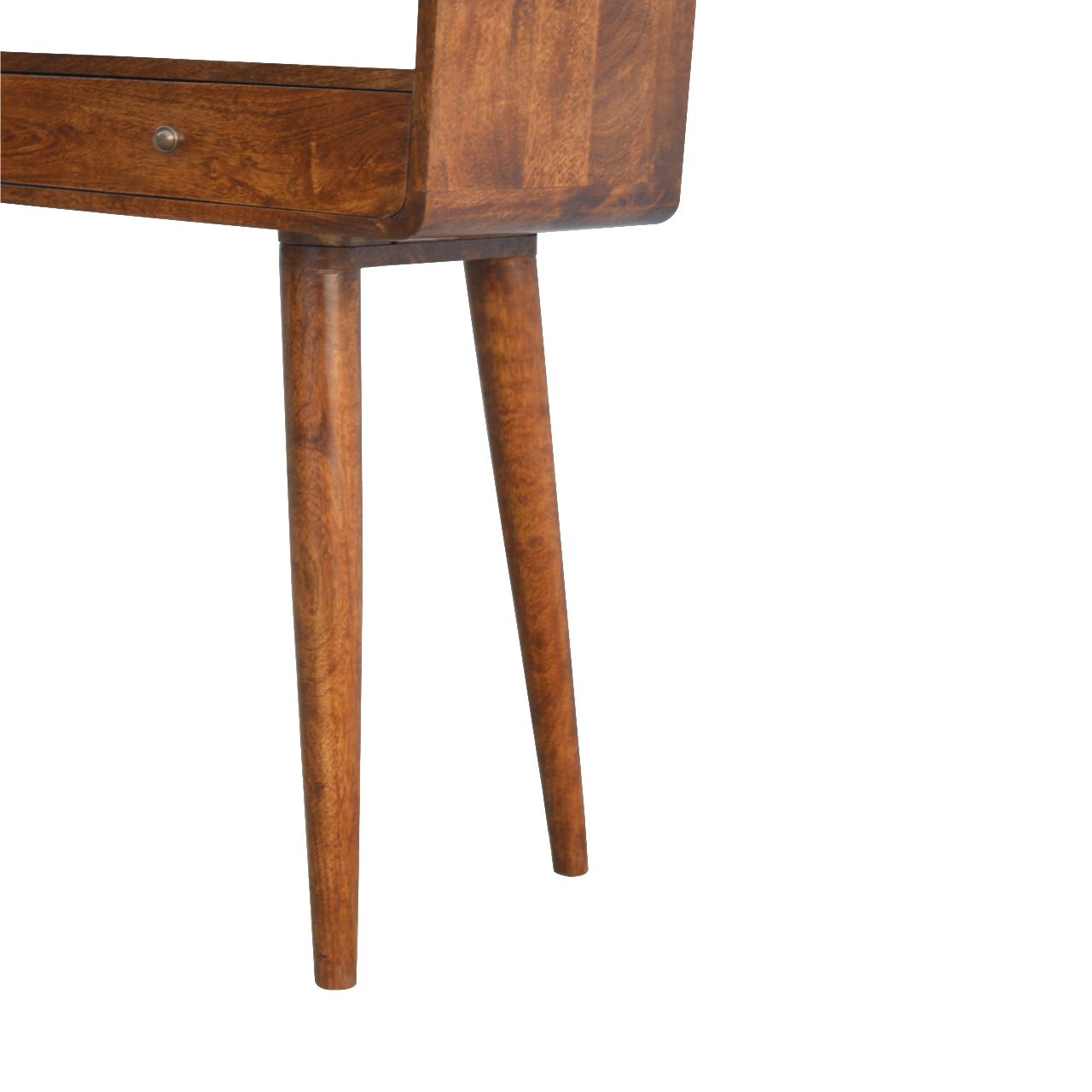 Midcentury modern walnut side table with tapered legs and a single drawer