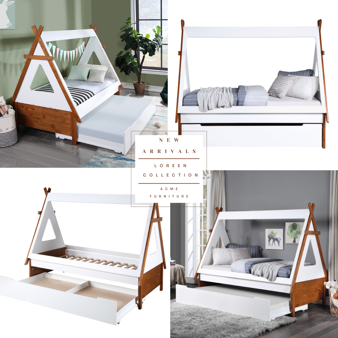 White and wood teepee twin bed with trundle