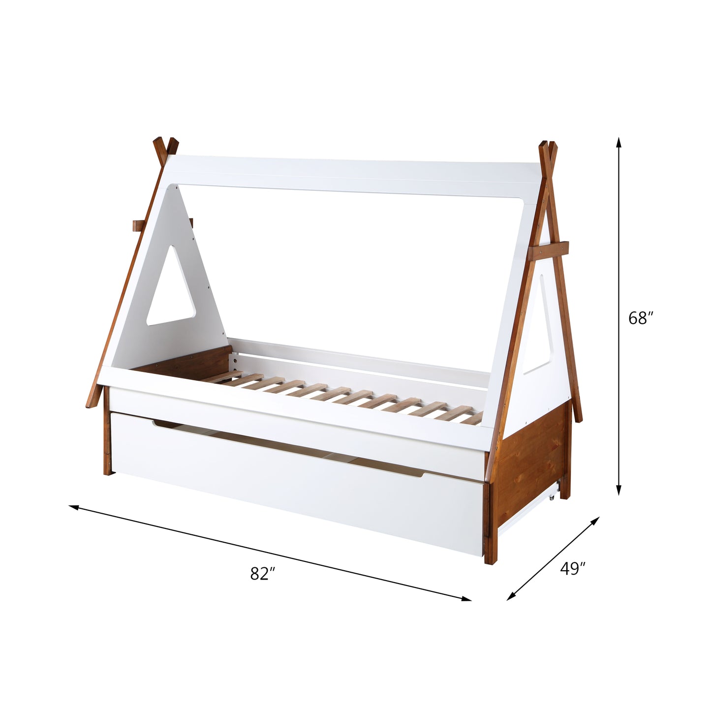 White and wood teepee bed frame with integrated drawer