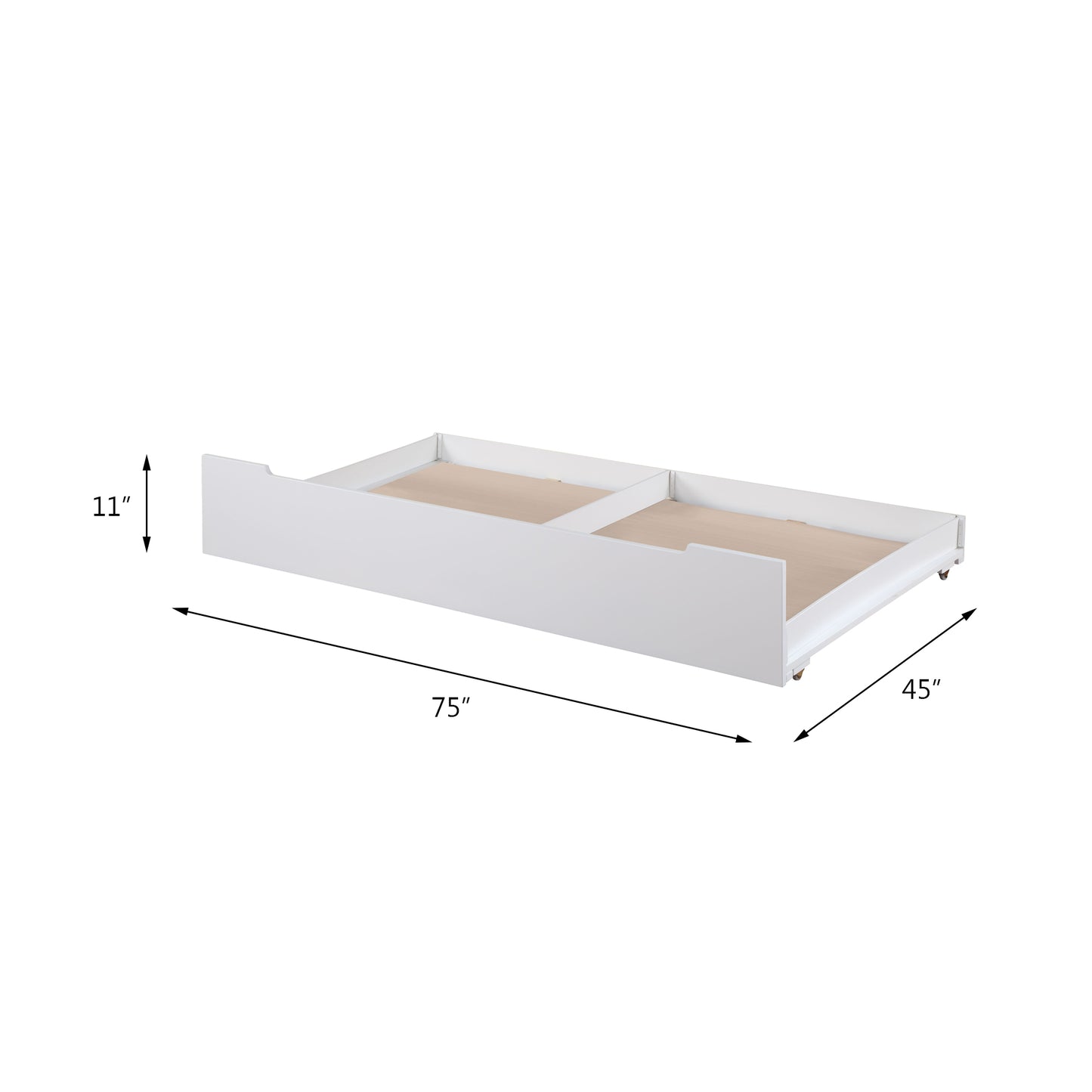 White twin trundle bed drawer unit with caster wheels