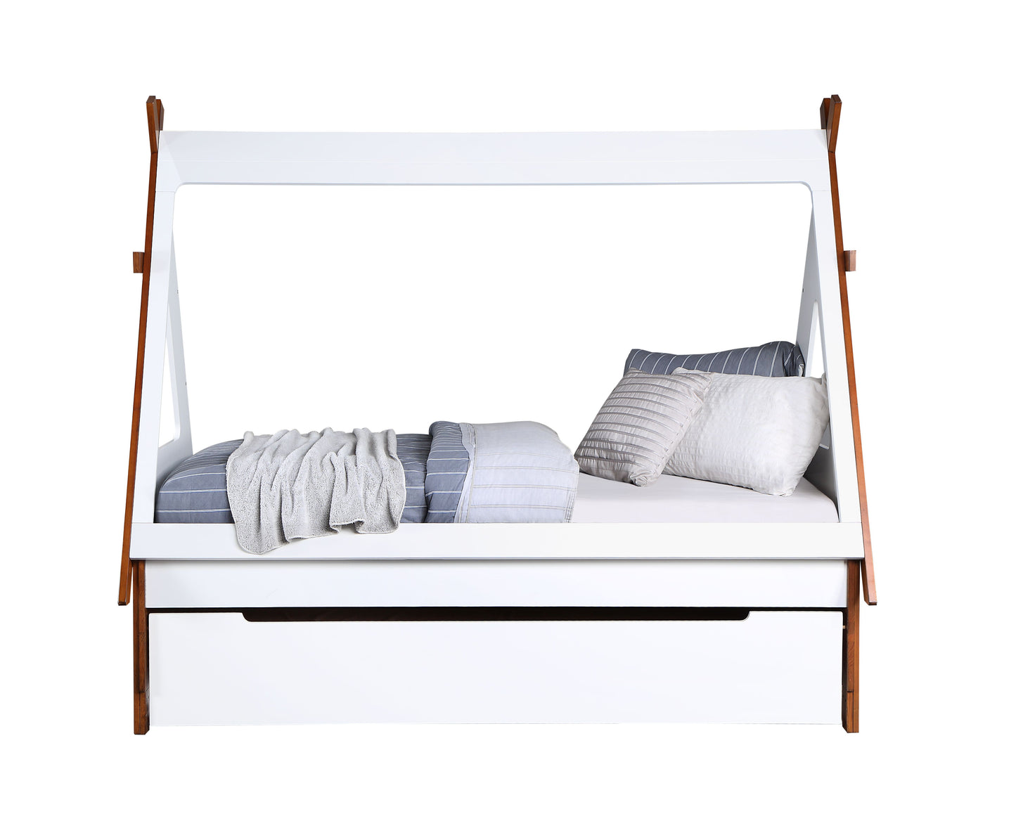White modern house bed frame with pullout trundle drawer and striped bedding