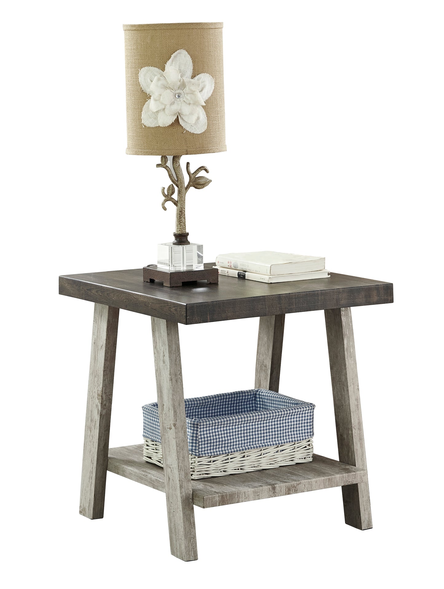 Farmhouse end table with rustic wood finish and decorative lamp featuring fabric shade