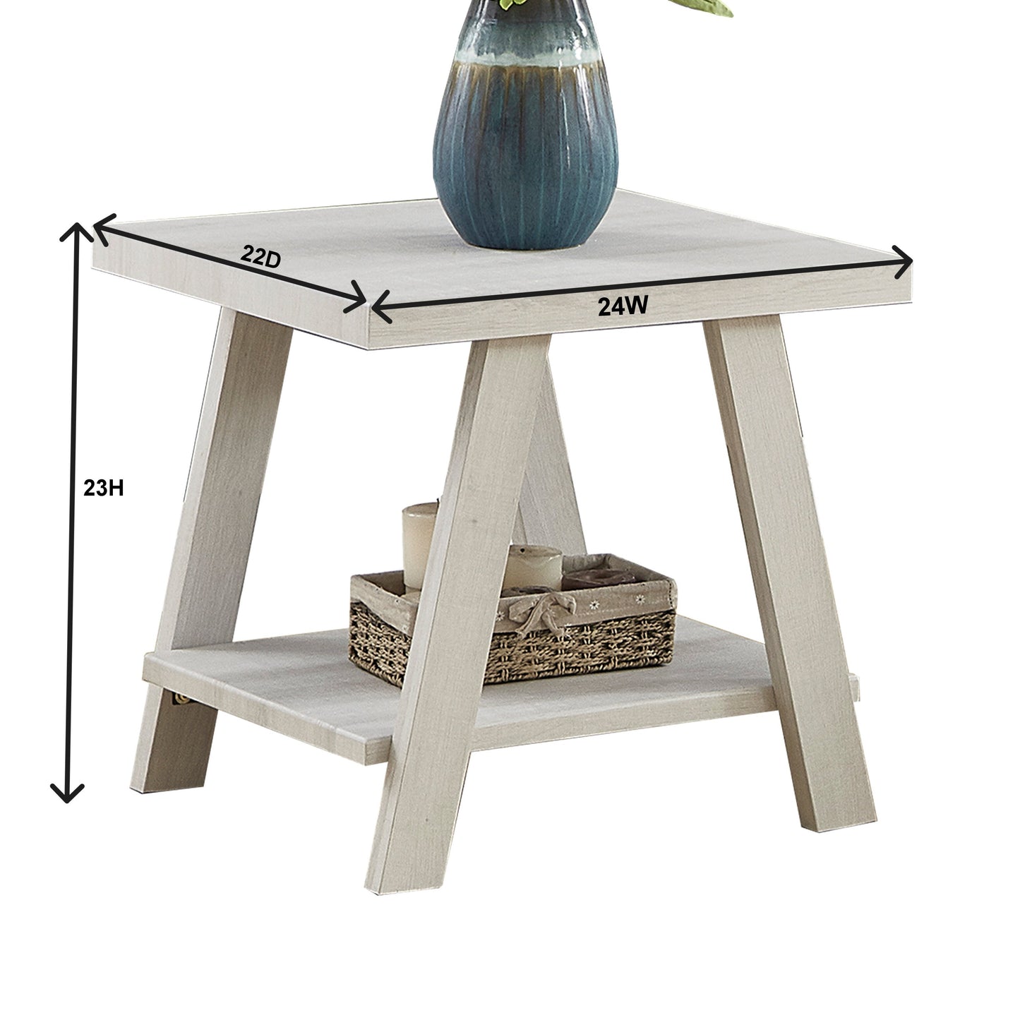 Distressed white wood side table with a lower shelf and decorative basket