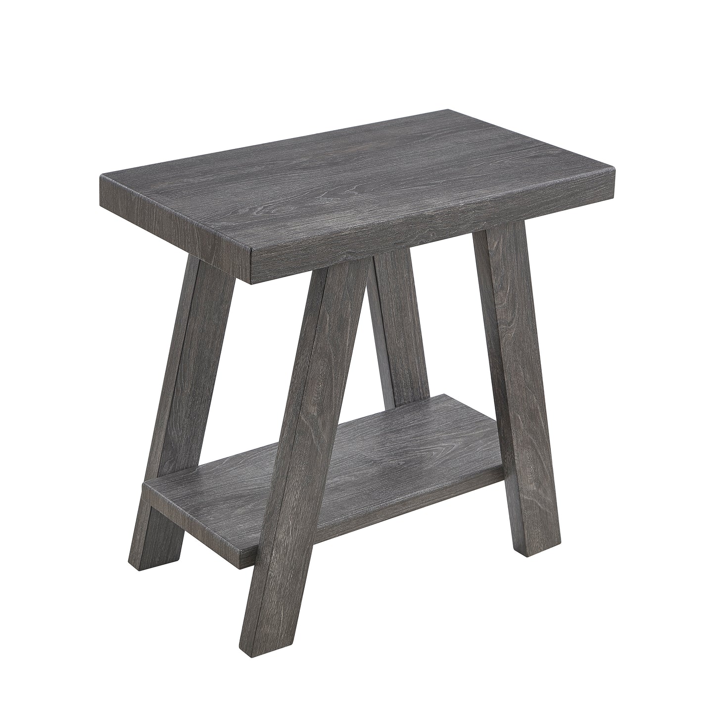 Grey wood accent table with angled legs and a lower shelf