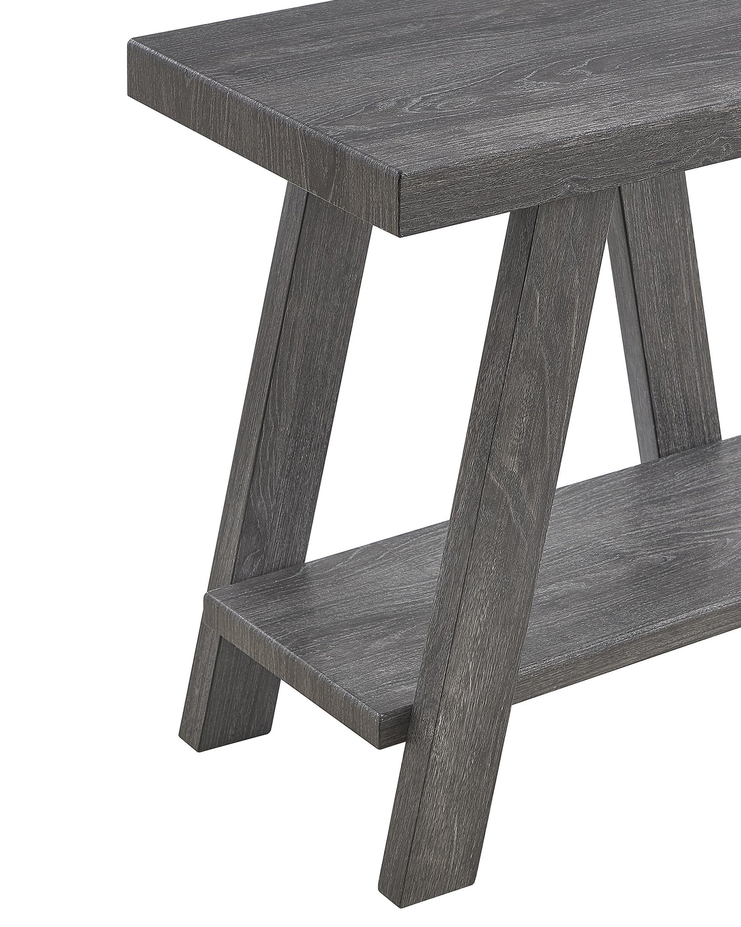 Dark gray wood grain accent table with slatted shelf and angled legs