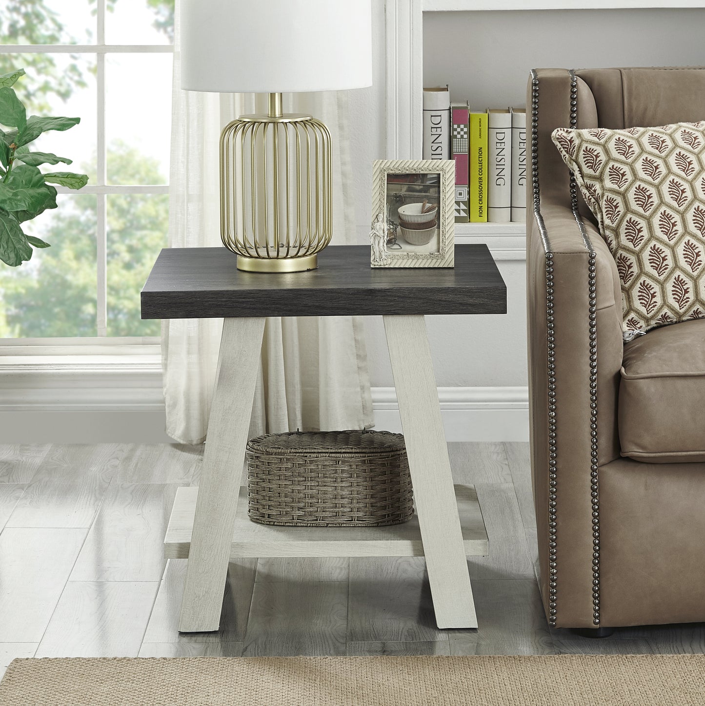 Twotone grey and white end table with basket and lamp