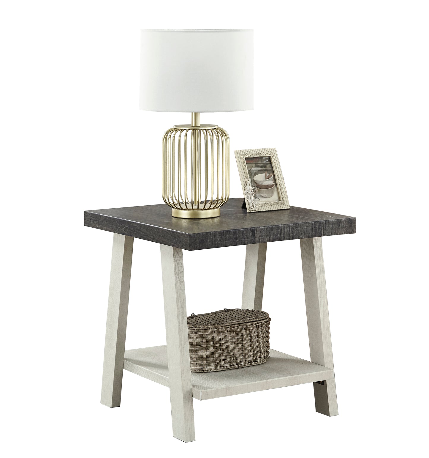 Rustic wood end table with woven basket and modern gold lamp