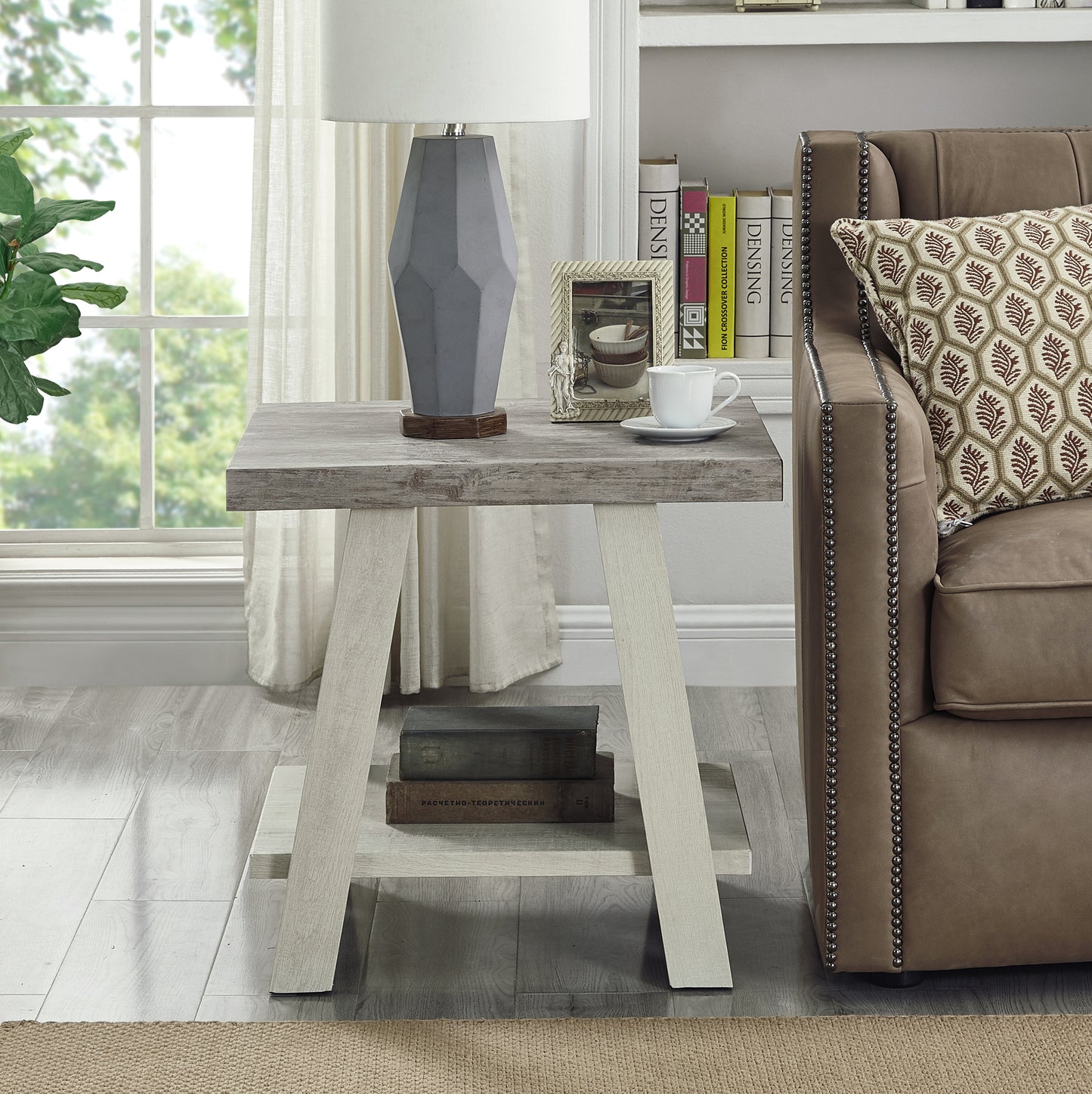 Rustic grey wash wood end table with Aframe legs and lower shelf for books