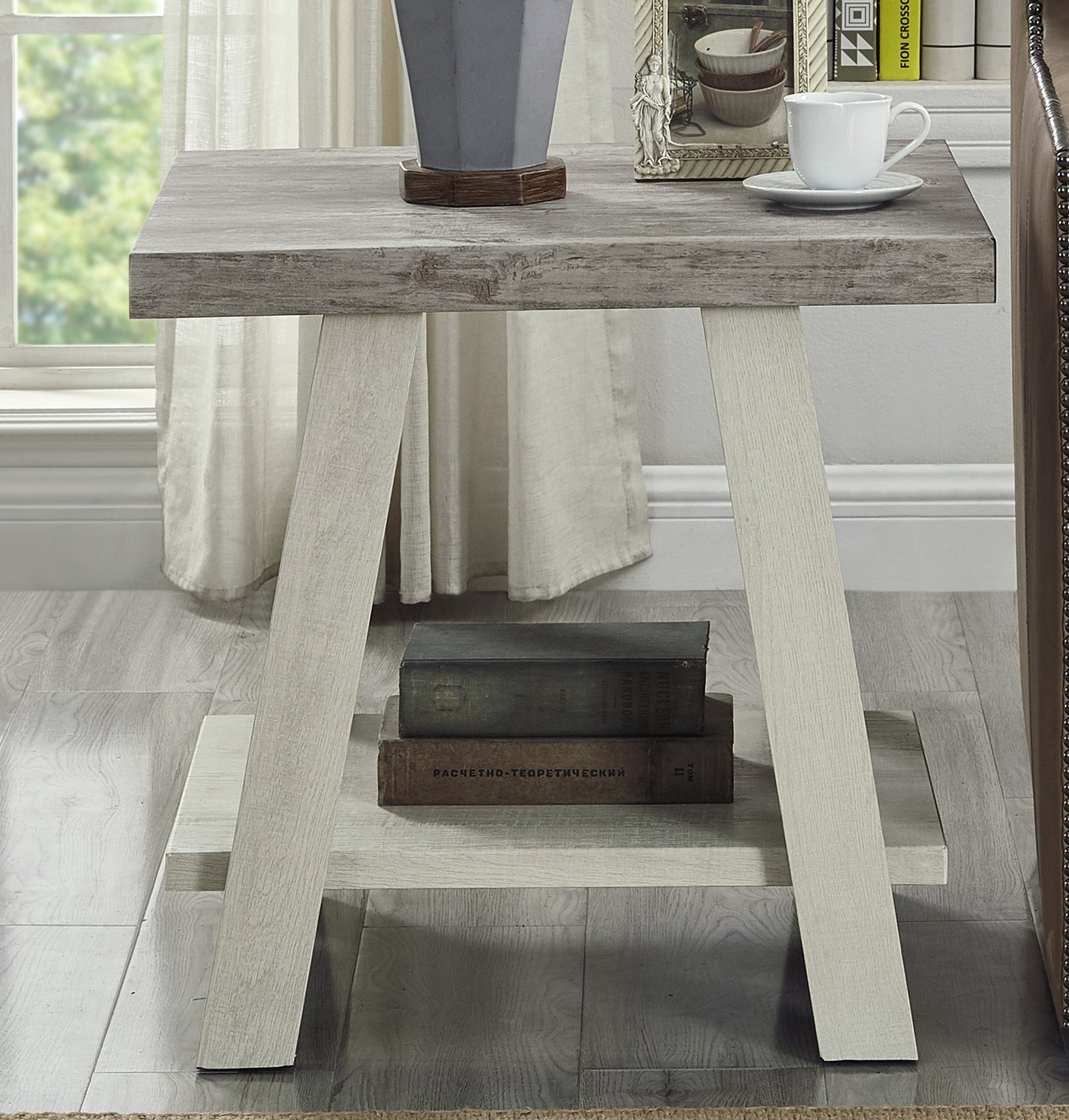 Distressed grey wood end table with two tiers perfect for living rooms