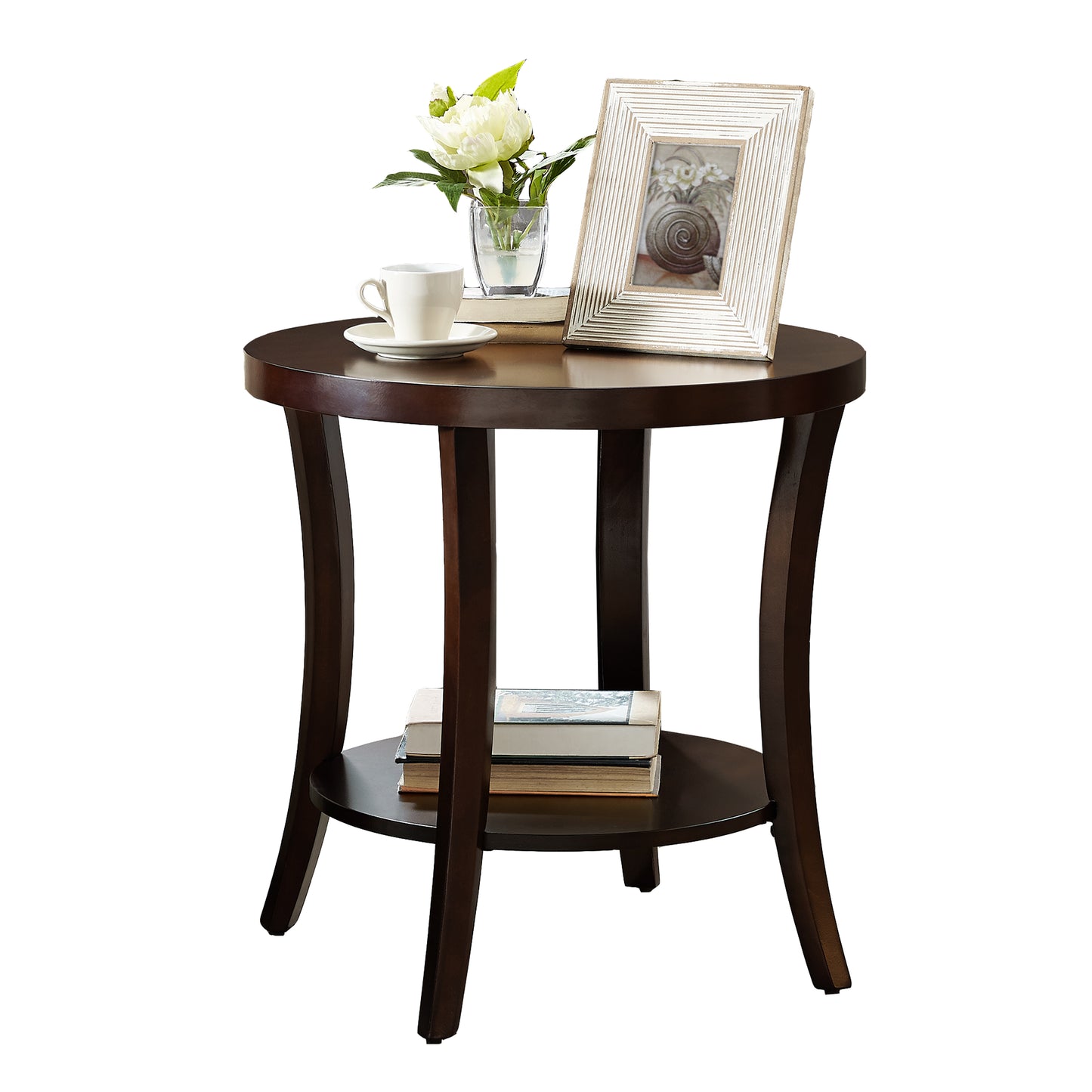 Dark wood round end table with two tiers featuring a white peony bouquet and framed art