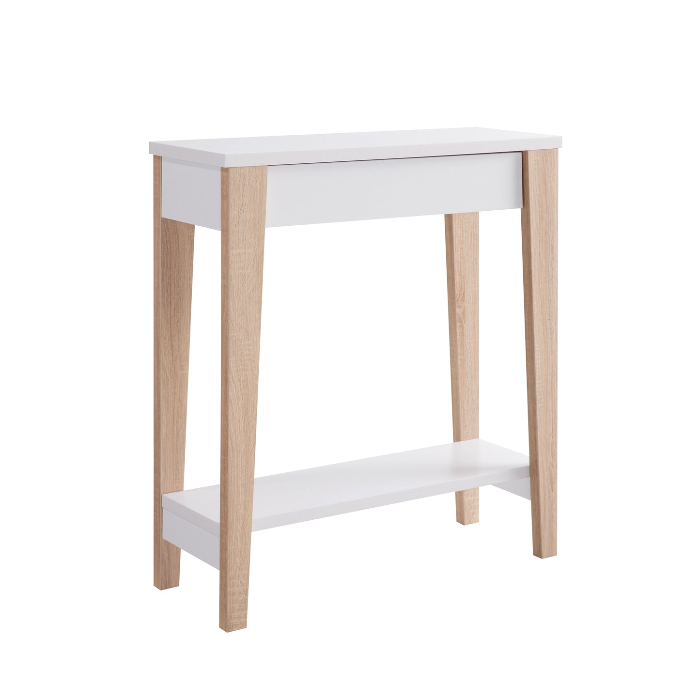 White and oak wood console table with open shelf and drawer modern entryway table