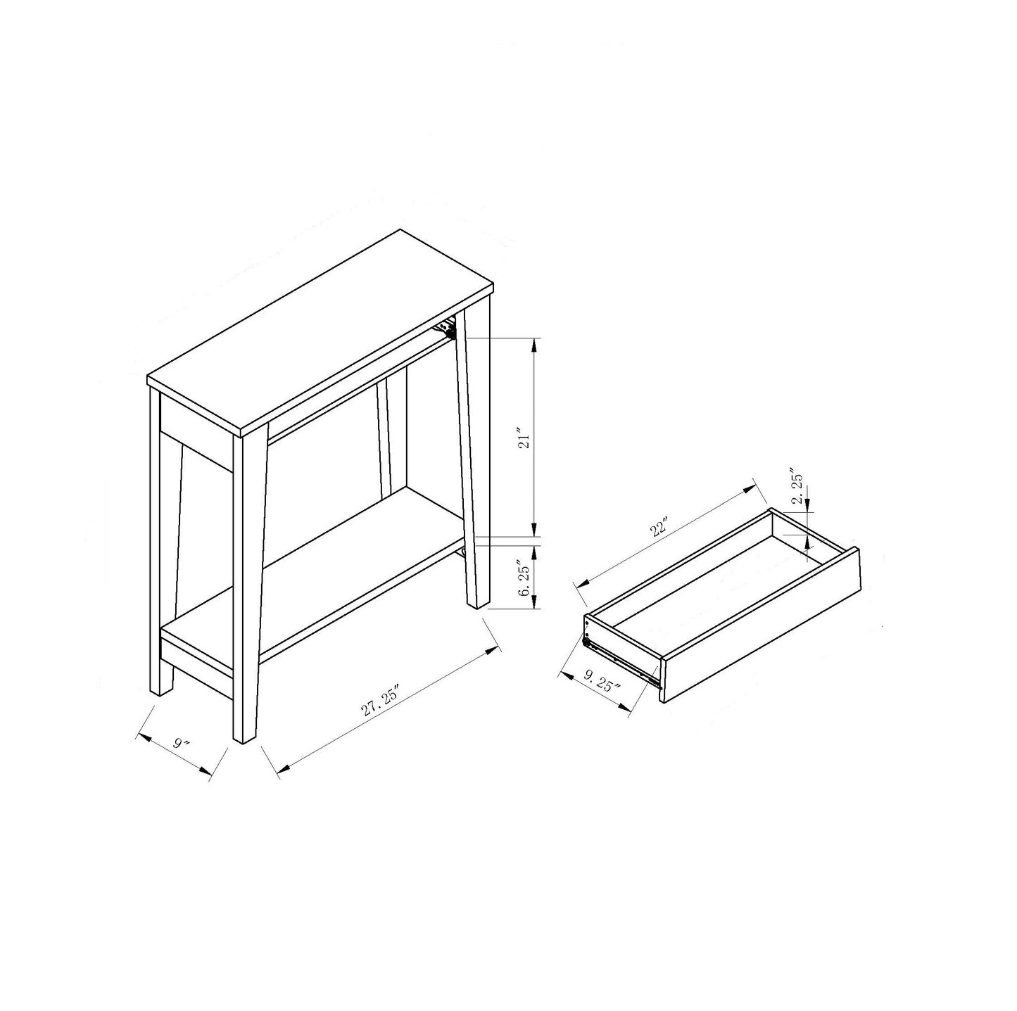 Console table with a lower shelf and single drawer L x W x H