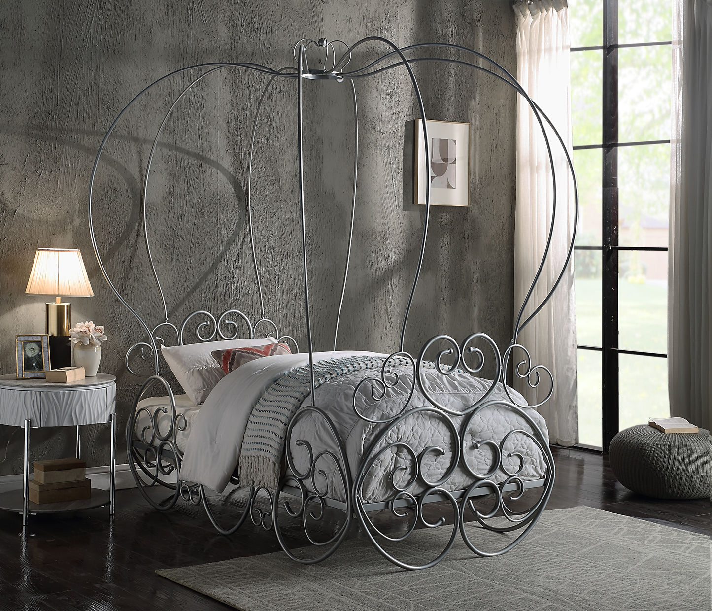 Elegant silver metal Cinderella carriage bed frame with ornate scrolling details