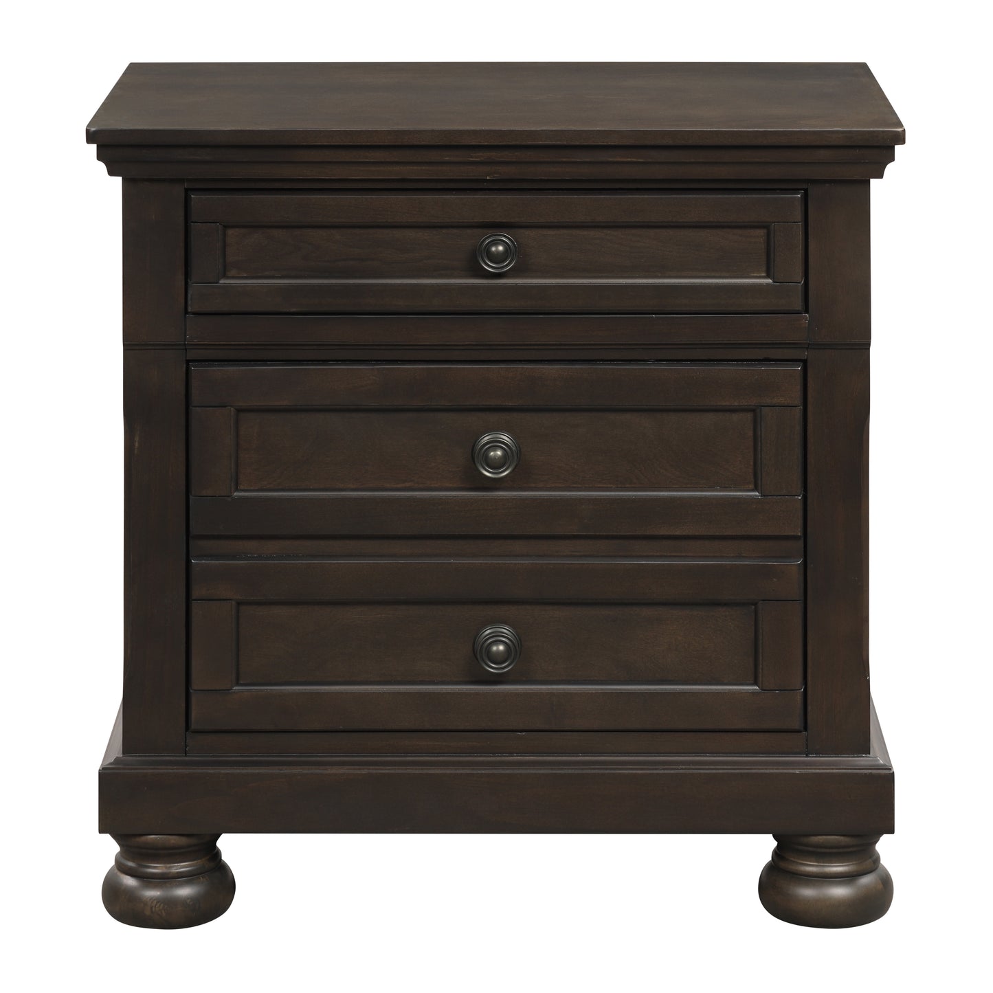 Dark brown wood nightstand with three drawers and ornate knobs