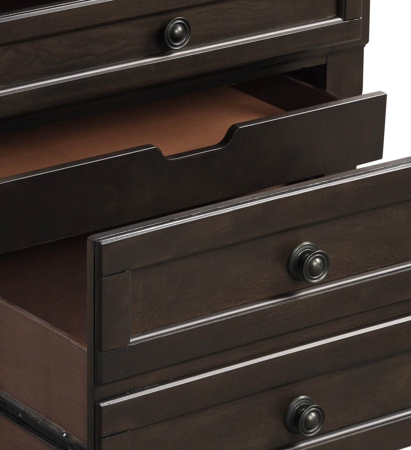 Dark brown wood dresser drawers with antique brass knobs