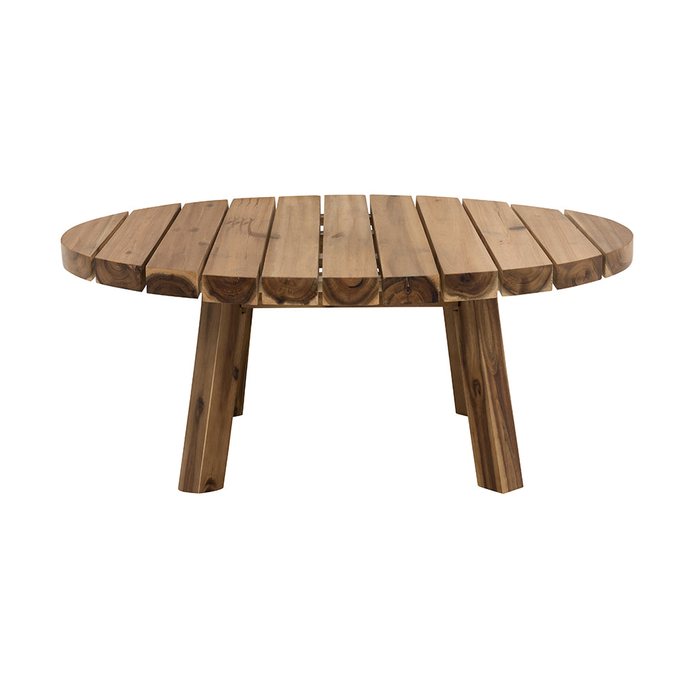 Round wooden coffee table with a slatted top and sturdy legs